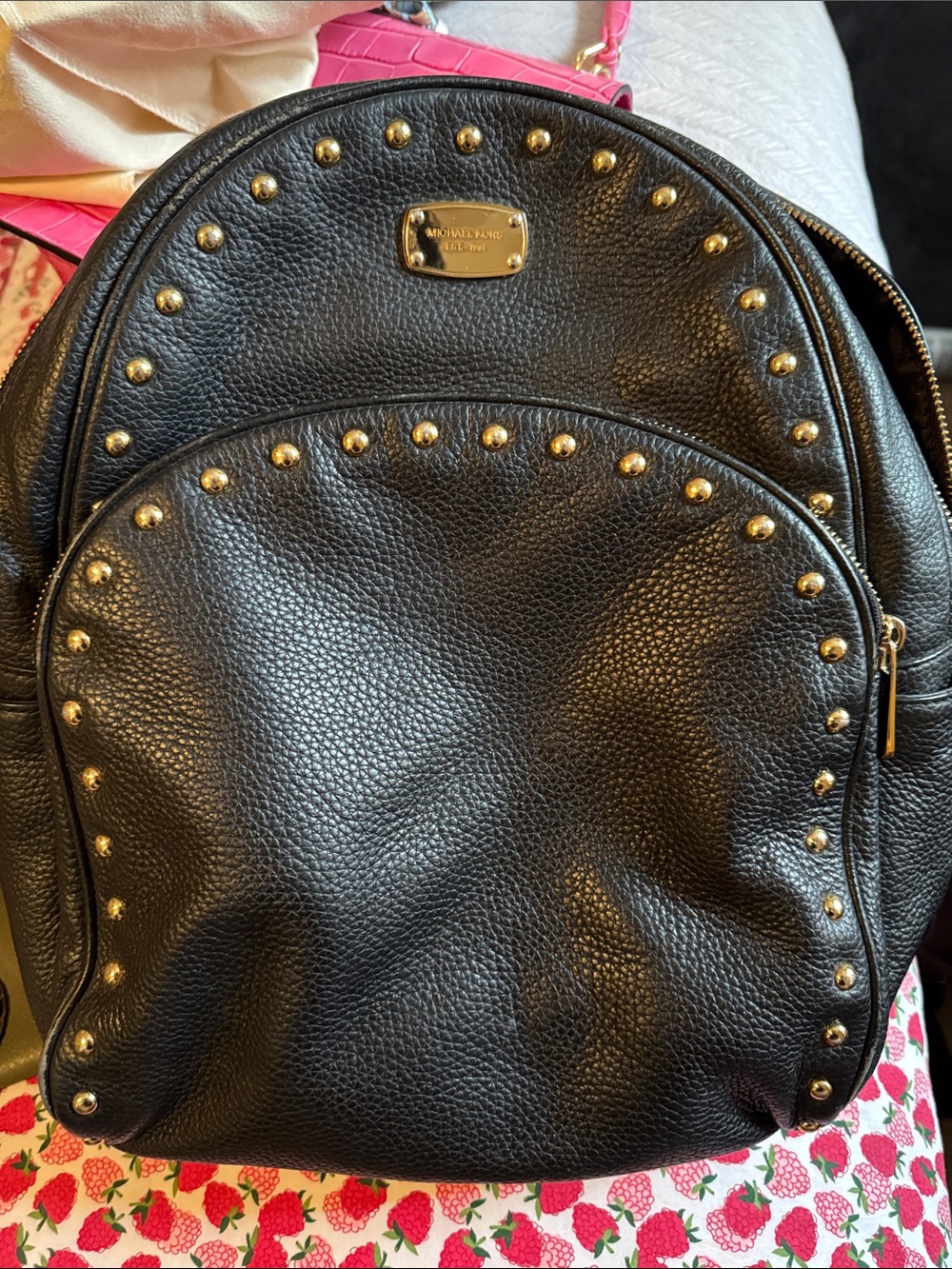 Michael Kors Black Pebbled Leather Backpack with Gold Studs